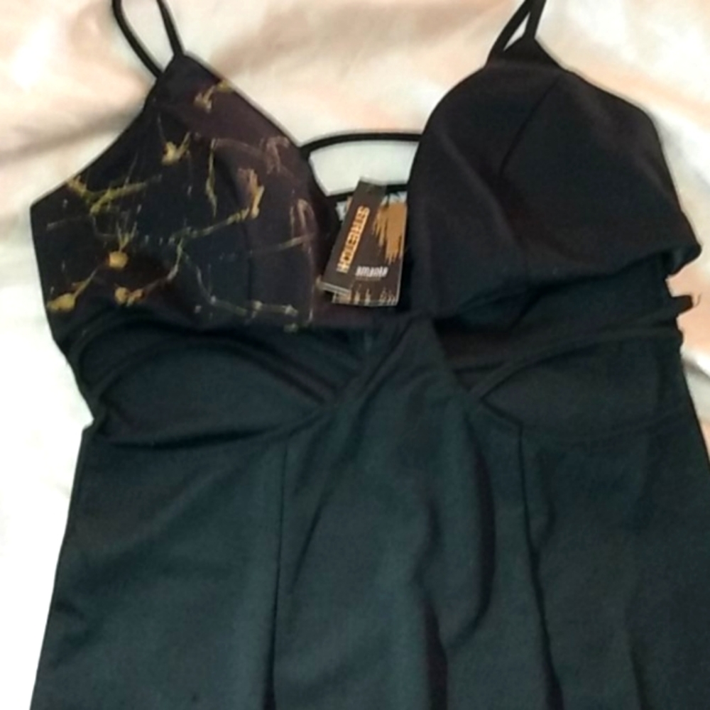 NWT Size L Black Strappy Dress with Brass Gold Details
